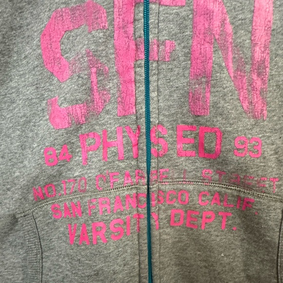 American Rag Hoodie Vest San Francisco CA SFN Phys Ed Pink Text Men’s XL - Picture 10 of 10